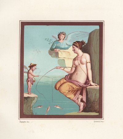 Mural de Venus y Cupido pescando con cañas desde el mar. Encontrado en Regio VI.XIV.28, la Taberna Lusoria. Cromolitografía de Victor Steeger a partir de una ilustración de Geremia Discanno de Emile Presuhn (1844-1878) Las pinturas más bellas de Pompeya, L de Geremia Discanno