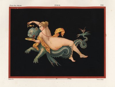 Ninfa marina nereida sostenida por un monstruo, mitad pantera y mitad pez. Museo Naz. XXII, Stabiae. Cromolitografía de Victor Steeger a partir de una ilustración de Geremia Discanno de Emile Presuhn (1844-1878) Las más bellas pinturas de Pompeya, Leipzig. de Geremia Discanno