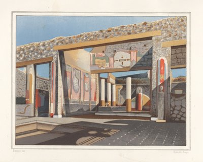 Vista del tablinum, una habitación apartada del atrio, en la casa del banquero Lucius Caecilis Iucundus, Reg V, Ins 1, 26. Cromolitografía de Victor Steeger a partir de una ilustración de Geremia Discanno de Emile Presuhn (1844-1878) The Most Beautiful Pai de Geremia Discanno
