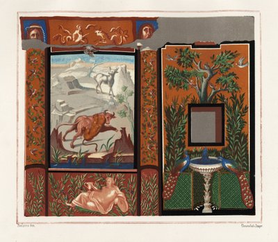 Mural en un viridarium (jardín) de un tigre atacando a un toro, y pavos reales en una fuente, de la Casa con los Cuadros Inscritos, Regio V, Insula I, N. 18. Cromolitografía de Victor Steeger a partir de una ilustración de Geremia Discanno de Emile Presu de Geremia Discanno
