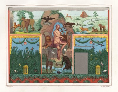 Pintura mural de Orfeo con lira procedente del viridarium (jardín) de la casa del batanero Vesonio Primus. Está rodeado de animales como un león, un puma, un jabalí, un ciervo, un conejo y un flamenco azul. Cromolitografía de Victor Steeger a partir de una de Geremia Discanno
