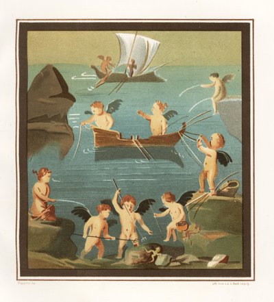 Pintura mural de cupidos jugando, pescando, navegando de un cubículo de la Casa del Restaurante (Casa di Lupanare Piccolo) en 14, Regio IX, Insula V. Cromolitografía de J.G. Bach según una ilustración de Geremia Discanno de Emile Presuhn (1844-1878) T de Geremia Discanno
