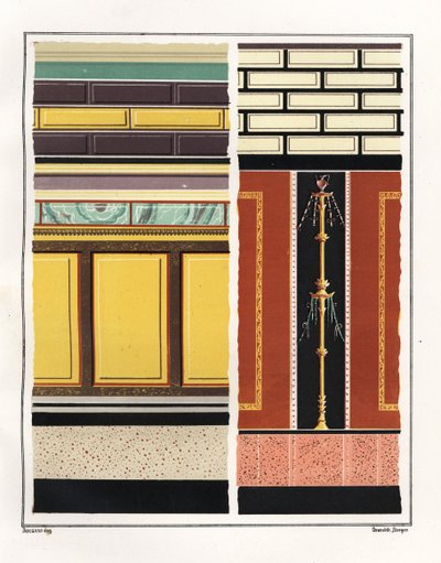 Pinturas murales de las habitaciones de la Casa de los Epigramas. V, Ins. 1, nº 18. A la izquierda, mural de un atrio, y a la derecha, mural de una antecámara. Cromolitografía de Victor Steeger a partir de una ilustración de Geremia Discanno de Emile Presu de Geremia Discanno