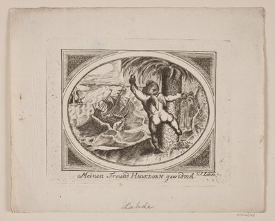 Amor junto a una palmera, señalando sobre un mar agitado de Gerhard Ludvig Lahde
