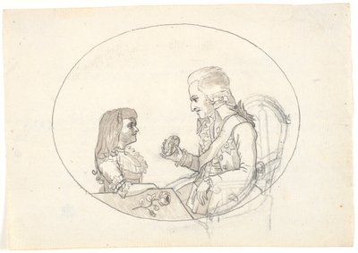 Arveprins Frederik med arveprinsen (Chr. VIII) viser et portræt af den afdøde arveprinsesse Sofie Frederikke de Gerhard Ludvig Lahde