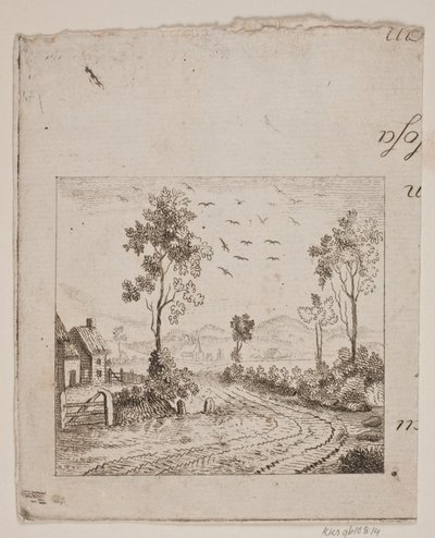 Paisaje con casa junto a un camino con árbol y pájaros volando de Gerhard Ludvig Lahde