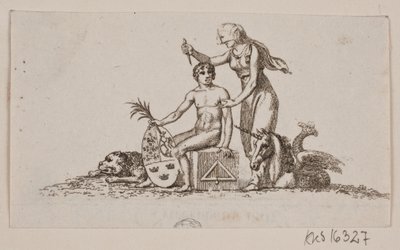 Viñeta con mujer, joven sentado y unicornio de Gerhard Ludvig Lahde