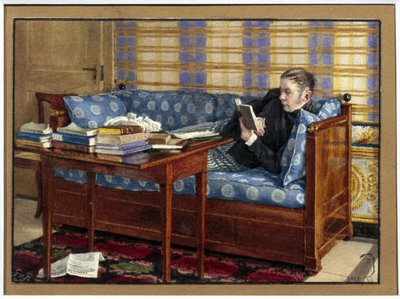 Retrato del poeta Vasili Zhukovsky (1783-1852). (Retrato del poeta Vasili Zhukovsky). Recostado en un sofá, lee, frente a él, pilas de libros sobre una mesa. Obra de Gerhard Wilhelm von Reutern (1794-1865), lápiz y acuarela sobre papel de Gerhard Wilhelm von Reutern