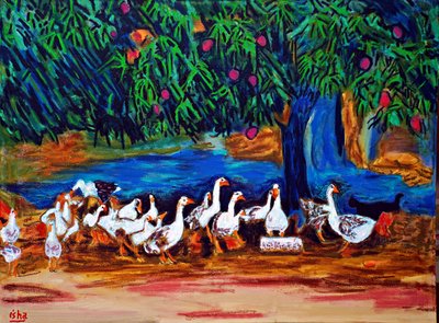 Gansos y árbol de mango, 2019 (óleo sobre lienzo) de Gerhardt Isringhaus