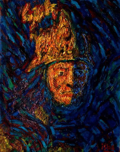 Hombre de oro con casco según Rembrandt,2020 (óleo sobre lienzo) de Gerhardt Isringhaus