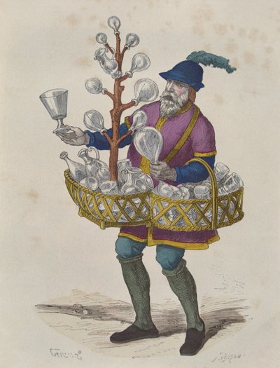 Vendedor de vidrio y cristal en el siglo XV, de Costumes de Paris a Travers les Siecles publicado en 1887 de Gerlier