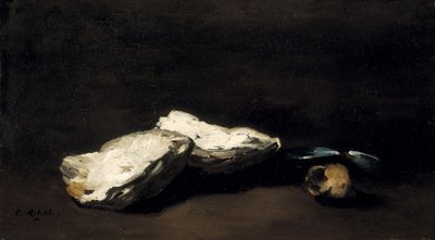 Sobre una mesa, ostras, dos mejillones y un caracol de Germain Ribot