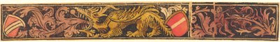 Franja grotesca con dragón, escudos y hombres salvajes de German 15th Century
