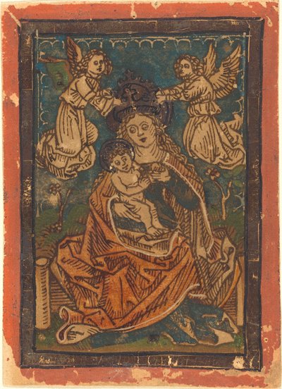 Madonna y Niño Sentados en un Banco de Césped con Ángeles de German 15th Century