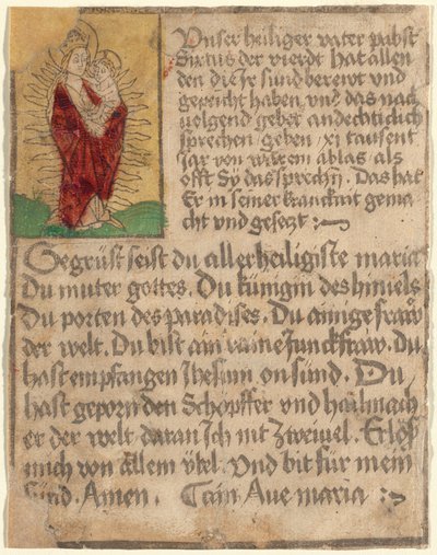 Madonna y el Niño en una gloria con una indulgencia y una oración de German 15th Century