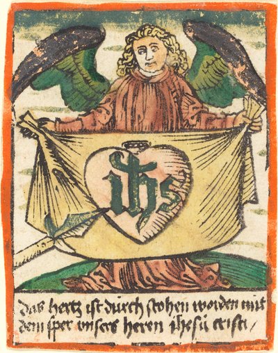 Monograma Sagrado en un Corazón Sagrado en un Paño Sostenido por un Ángel de German 15th Century