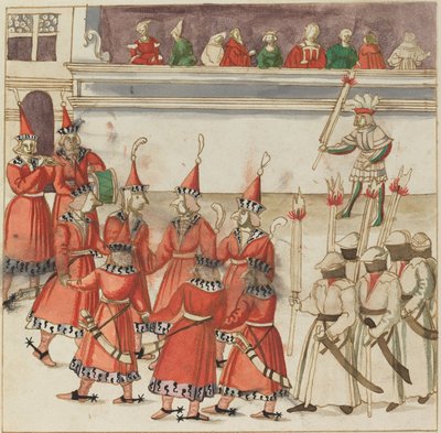 Siete Hombres en Rojo Reunidos en un Círculo de German 16th Century
