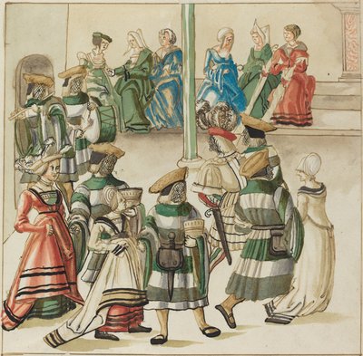 Tres parejas bailando lideradas por dos caballeros en una sala con columna de German 16th Century