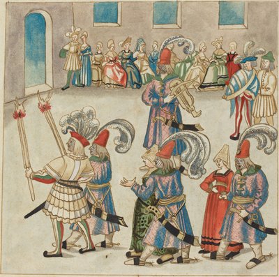 Dos parejas bailando guiadas por caballeros con antorchas de German 16th Century