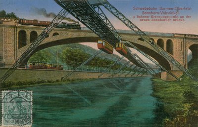 Ferrocarril colgante Barmen-Elberfeld-Sonnborn-Vohwinkel y el nuevo puente Sonnborn, Alemania. Postal enviada en 1913. de German Photographer