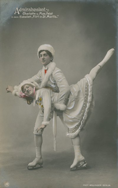 Postal de patinadores sobre hielo, enviada en 1913 (foto coloreada a mano) de German Photographer