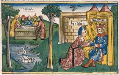 1 Reyes 2:10-11 La Muerte de David, y 2 Reyes 19-25 Betsabé pide a Salomón que Abisag se case con Adonías, de la Biblia de Núremberg (Biblia Sacra Germanaica) de German School