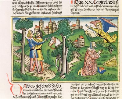 2 Samuel 20 10 Joab mata a Amasa, de la "Biblia de Nuremberg (Biblia Sacra Germanaica)" (xilografía coloreada) de German School