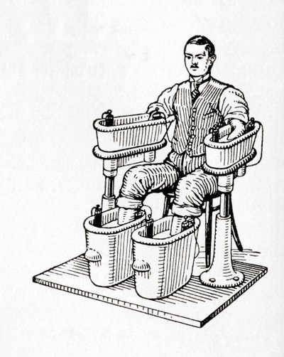 Un baño galvánico del siglo XIX o baño Schnee de cuatro celdas, de Meyers Lexicon, pub. 1927 (impresión) de German School