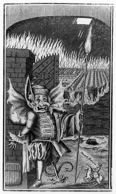Un Diablo guardando una ciudad en llamas, c. 1755 de German School
