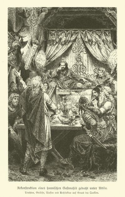 Un banquete huno en la época de Atila (grabado) de German School