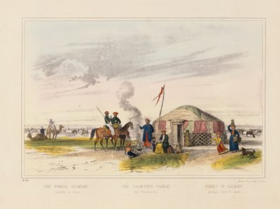 Una familia kalmuka (mongola occidental) pastoreando caballos, hoja ilustrada publicada por Joseph Scholz, Mainz, c.1860 de German School