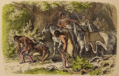 Un grupo de guerra nativo americano rastreando a sus enemigos (grabado coloreado) de German School