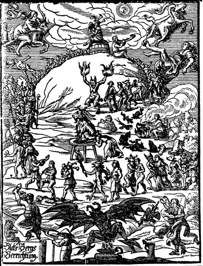 Ceremonia de Sabbath, una cabra que representa al diablo está en el centro, rodeada de brujas y demonios. Grabado alemán del siglo XVI de German School