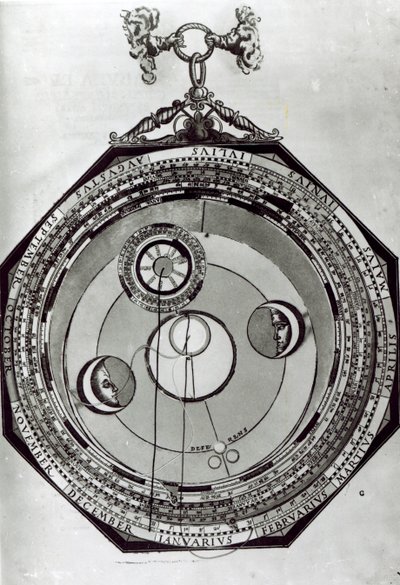Un Volvelle, posiblemente mostrando los ciclos de la Luna, después de una ilustración de Astronomicon Caesareum por Petrus Apianus, 1540 de German School
