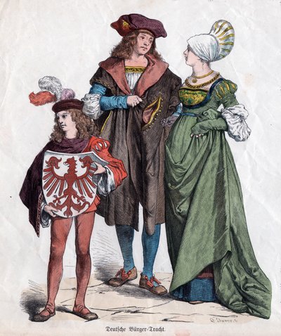 Una familia burguesa. Trajes alemanes del siglo XVI del "Munchener Bilderbogen", Alemania, c.1880 de German School