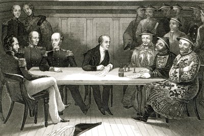 Una conferencia en Chusan entre el comodoro Bremer y Chang, un oficial chino, a bordo del HMS Wellesley, 4 de julio de 1841 de German School