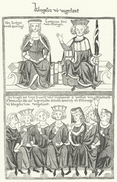 Una representación del Sangerkrieg, un concurso entre juglares en el castillo de Wartburg en Turingia en 1207, del Codex Manesse de German School