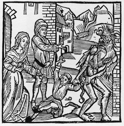 Un diablo se lleva a un niño ante los ojos de sus padres que lo habían prometido por pacto - En "Der Ritter von Turn" del Caballero Marquard vom Stein de German School