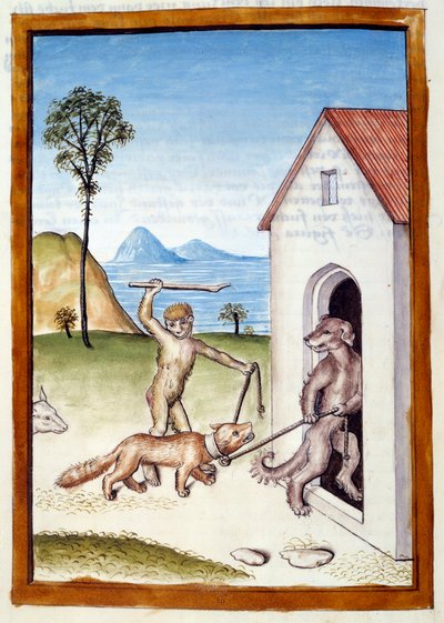 Un perro y un mono tiranizando a una comadreja. Animales representados en postura masculina. Miniatura tomada de una traducción alemana de las fábulas de "Kalila (Calila) y Dimna" por Bidpai. Siglo XV. Chantilly, Museo Condé de German School