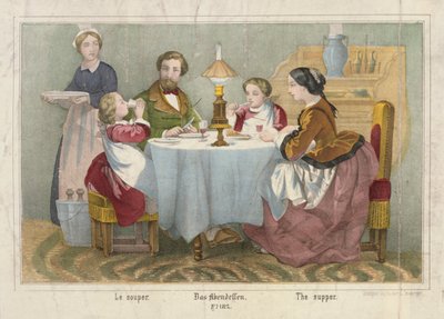 Una familia en su comida vespertina, hoja ilustrada publicada por Haider & Cronberger, Stuttgart, 1860 de German School