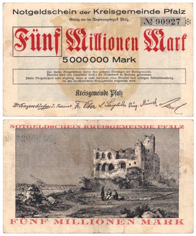 Un billete de cinco millones de marcos, c.1923 (anverso y reverso) de German School