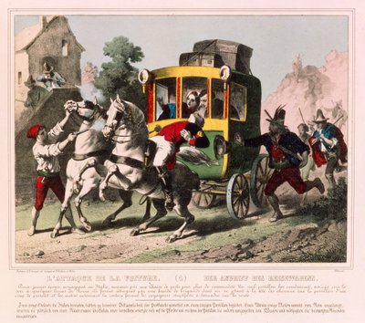 Una pareja de luna de miel es atacada por bandidos en Italia, hoja ilustrada publicada por Gangel & P. Didion, Metz, c.1850 de German School