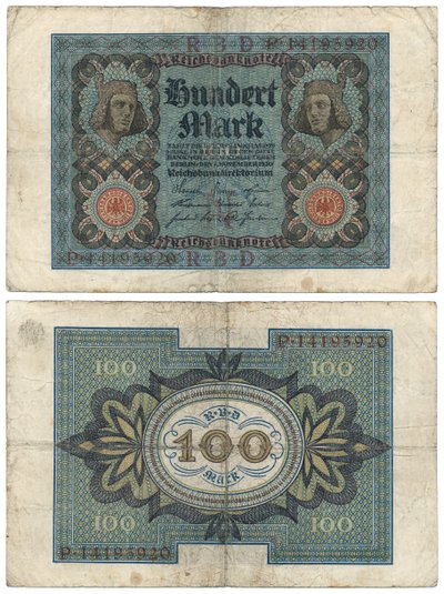 Un billete de cien marcos, 1920 (anverso y reverso) de German School