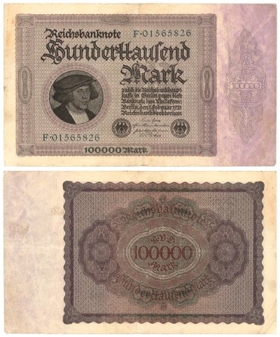 Un billete de cien mil marcos, 1923 (anverso y reverso) de German School