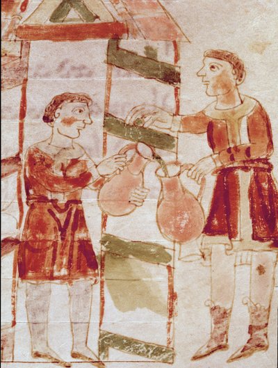 Un comerciante de vino en miniatura tomado del volumen De tabernae, manuscrito De Universo (o De rerum naturis) (cod. 132) de Rabanus Maurus Magnentius (ca. 780-856) de German School