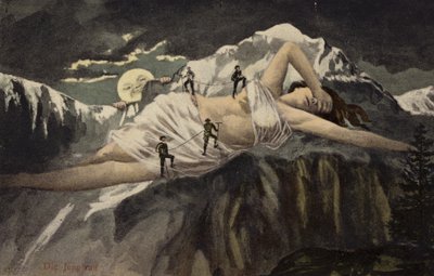 Una mujer desnuda en una ladera siendo escalada por montañistas mientras la luna observa (collage) de German School