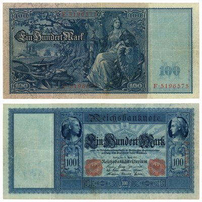 Un billete de cien marcos, 1910 (anverso y reverso) de German School
