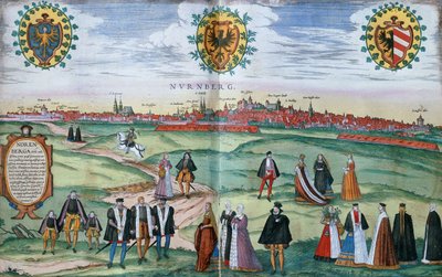 Vista panorámica de Núremberg, con figuras en trajes locales en primer plano, c.1575 de German School