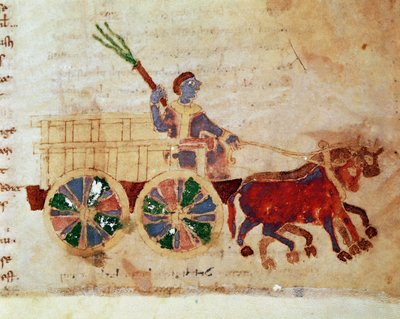 Un campesino en un carro en miniatura del manuscrito 