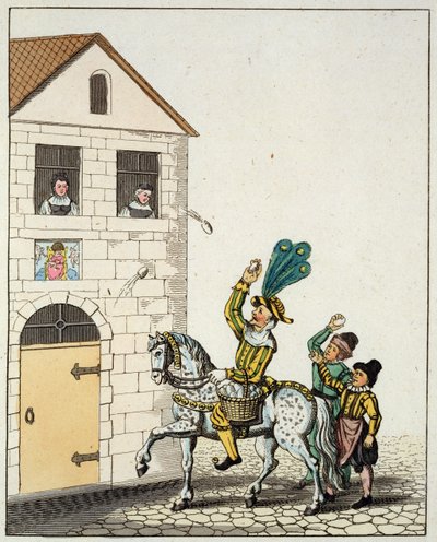 Una danza en círculo en la plaza principal de la ciudad, de las Costumbres de la Antigua Nuremberg y Bufón en un Caballo Pío Lanzando Huevos, de las Costumbres y Prácticas en Juegos y Canciones de la Antigua Nuremberg, reeditado en 1831 de German School